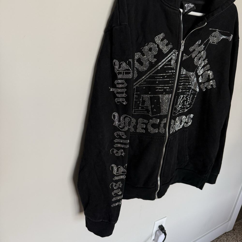 DHR Dope House Records Womens Rhinestone Hoodie XL Black Zip Up Y2K Premium - Picture 4 of 8